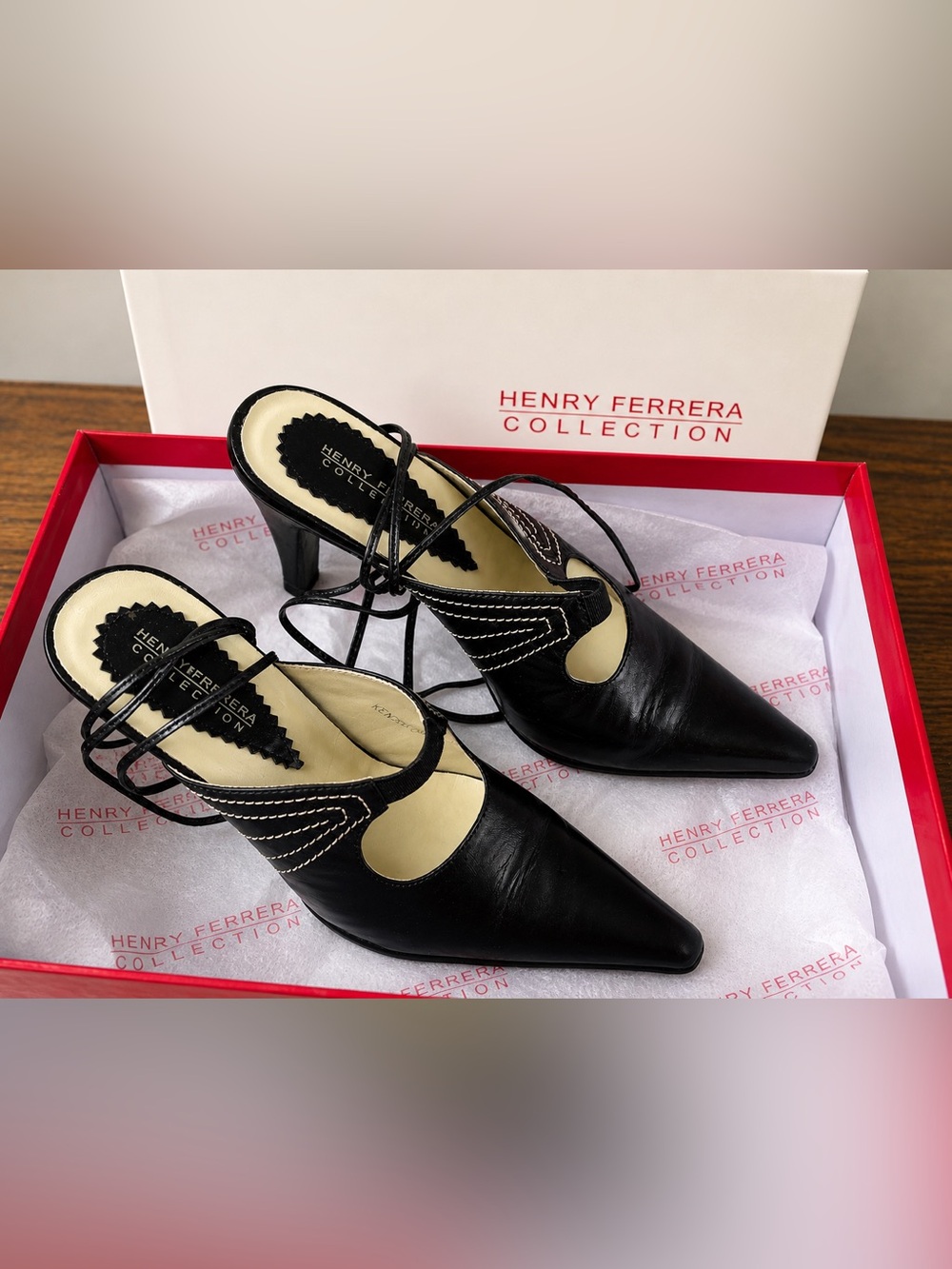 Henry Ferrera Black Pointed Toe Strappy Mule Heels - 2004!